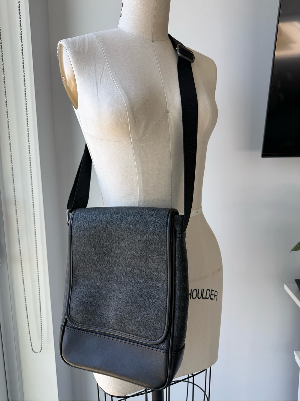 Armani Black Monogram Messenger crossbody Bag